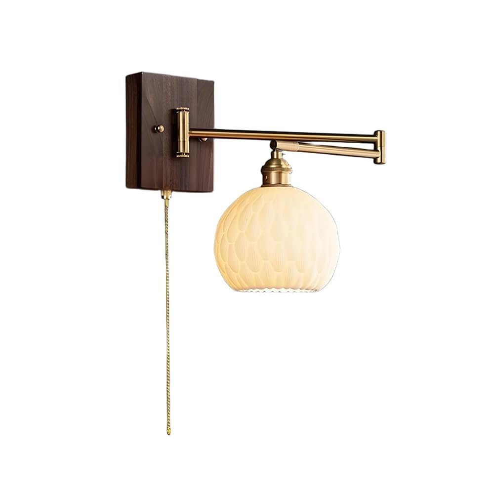 HPTHLY Nordic White Textured Ceramic Spherical Wall Light Vintage Brass Arm Wood Backplane Wall Lamp Fixture With Pull Chain Switch Wall Sconce For Bedroom B