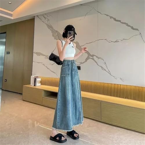 Women Plus Size High Waist Denim Skirt Slimming A-Line with Fringe Long Casual Autumn Skirt3