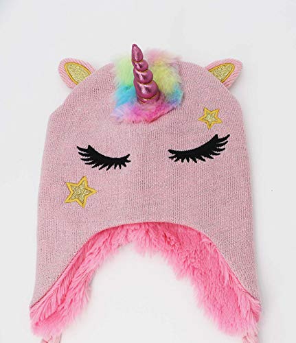 Kids Girls Winter Unicorn Beanie Hat Shining Glitter Knitted Earflap Fleece Lined Cap Toddler Little Girls4
