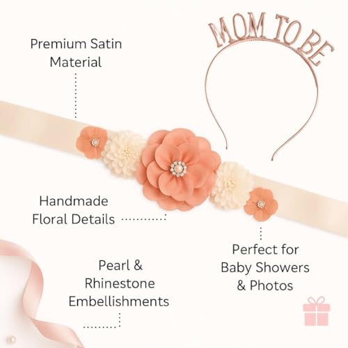 Image of WP WANNA PARTY Baby Shower Decoration Items Mom To Be Flower Waistband And Headband Tiara 2Pcs For Maternity, Pregnancy Photoshoot Material Items Supplies, Mom To Be Crown -Mom To Be Sash For Women
