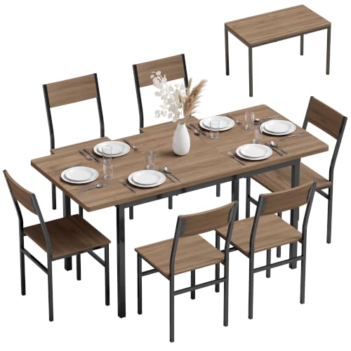 HOMCOM Conjunto de Mesa y 6 Sillas de Comedor de 7 Piezas Marrón | Mesa de Cocina Extensible 120-160 cm, Ahorro de Espacio, para 4-6 Personas, Marco Metálico