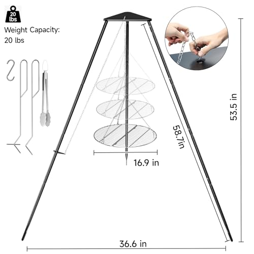 DPZM Campfire Tripod for Cooking, Campfire Cooking Equipment, Round Grill Grate with Adjustable Height for BBQ Picnic Outdoor Cookware Party & Collapsible Legs for Easy Storage by DPZM - Image 2