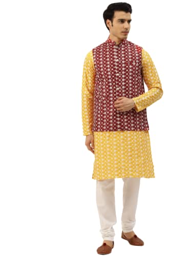 Image of SOJANYA (Since 1958 Men's Silk Blend Light Green Kurta & Nehrujacket with White Pyjama Combo