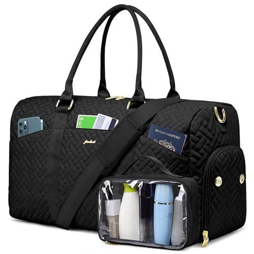 Image of Women Weekender Travel Duffle Bag: Travel Duffel Overnight Bags with Shoe Compartment Large Carry on Tote with Toiletry Bag Weekend Traveling Yoga Gym Hospital Bag for Women with Wet Pocket Black