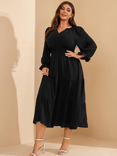 RWJ Womens Plus Size Fall Dress Long Sleeve V Neck Tiered A-Line Elegant Formal Casual Wedding Guest Maxi Dresses2