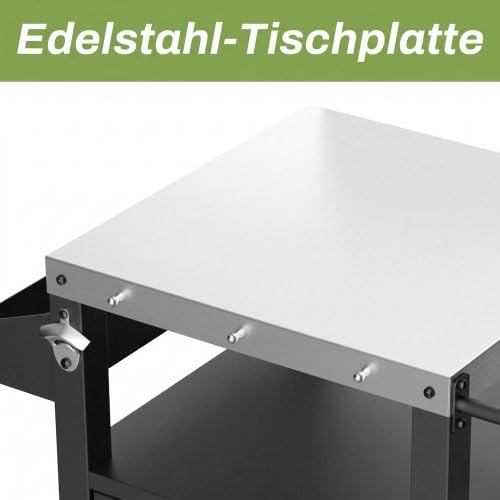 Wetterfester Edelstahl Grillwagen Outdoor Küche, großer Grilltisch 3-Etagen Küchentrolley mit wetterfestem Schrank, große Räder & 2 Lenkrollen, multifunktionaler Outdoor Küchen Servierwagen (46*46*88)