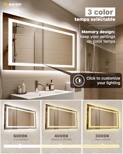 Ensenior LED Bathroom Mirror 55"x 30" with Front and Backlight, Stepless Dimmable Wall Mirrors with Anti-Fog, Shatter-Proof, Memory, 3 Colors, Modern LED Vanity Mirror-ETL & FCC