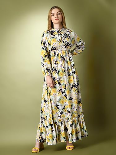 Image of KZULLY | Floral Printed Maxi Dresses for Women | Long Sleeve Beautiful Floral Patterns | Stylish and Elegant Dress | Tie Neck