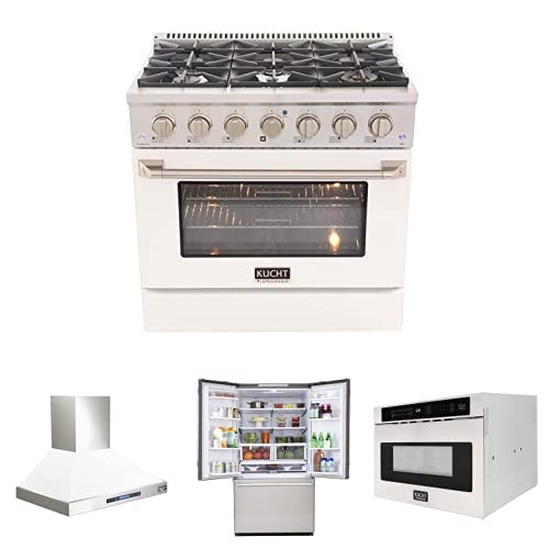 Kucht 4-Piece Kitchen Bundle 36" White Liquid Propane Gas Range, 36" Wall Mounted Range Hood In White, 36" French Door Refrigerator And 24" 1.2 Cu. #TOP21