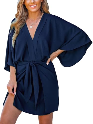 Image of CUPSHE Womens Vacation Mini Summer Dress V Neck Kimono Sleeve Belted Flowy Loose Resort Wear Casual Beach Cover Up Dress