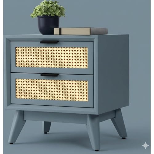 Image of Wooden Bedside Table for Bedroom | HDMR Nightstand with 2 Jaali Drawers | Storage Side Table with HDMR Premium Wood Legs for Living Room Hotels | Compact Lamp table Home Dcor Furniture | Matte Blue