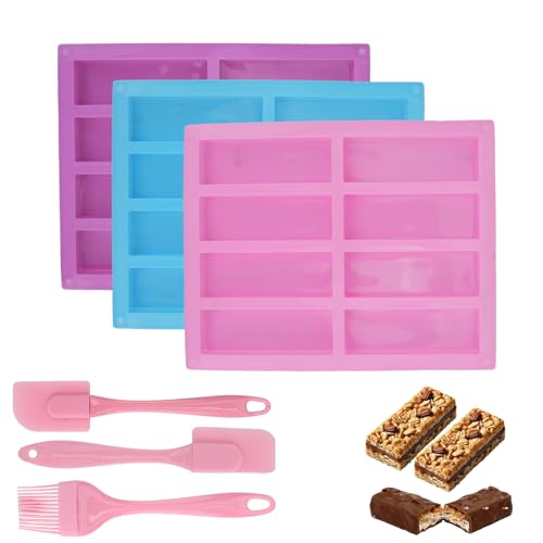3 Pcs Granola Bar Mold with 3 Spatulas, WATUNID 8 Cavity Chocolate Bar Mold Deep, Rectangle Energy Bar Maker Candy Molds, Silicone Molds for Baking Homemade Snacks Nutrition Cereal Protein Bars