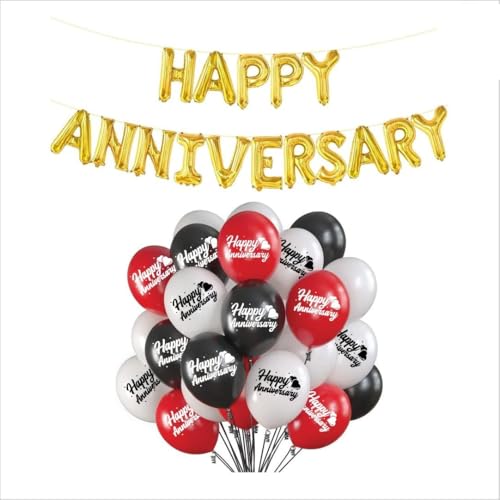 Image of HK balloons 51Pcs Red White Black Anniversary Decoration Item Kite Set With Happy Anniversary Foil Banner For Wedding Anniversary Decoration Combo for Couple