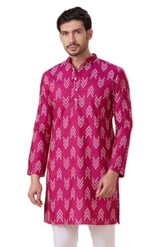 Image of Studio Shringaar Men's Cotton Blend Relaxed Fit Ikat Printed Knee Length Kurta