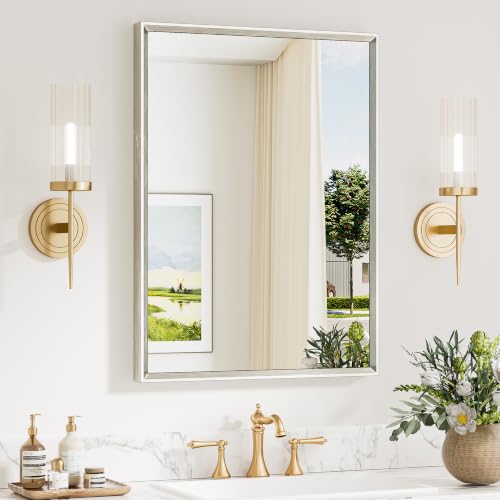 Keonjinn 22 x 30 Inch Brushed Nickel Bathroom Mirrors for Over Sink Beveled Rectangle Framed Mirrors for Wall Farmhouse Bathroom Vanity Mirror Tempered Glass Square Corner