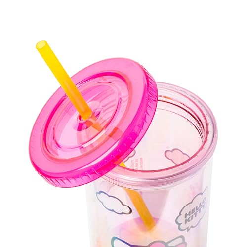 Image of Silver Buffalo Sanrio Hello Kitty Spring and Summer Flowers Rainbow Stripes Plastic Cold Cup with Lid and Straw, 20 Ounces | Flowers Rainbow Stripes, Includes Lid and Straw, 0.59 Liters