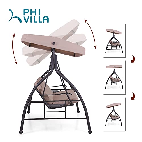 Phi Villa 3-Seat Porch Swing With Canopy,Outdoor Swing With Retractable Side Table And Removable Cushion,Patio Swing Chair/Bench For Porch, Garden, Poolside, Balcony&Backyard,Alloy Steel Frame,Brown #TOP3