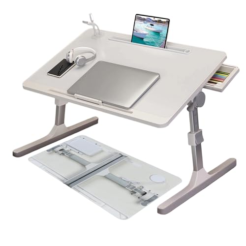 HshDUti Bureau pliable pour ordinateur portable avec fente pour tablette, hauteur et angle réglables, plateau de lit avec port de charge USB, lumière USB et...