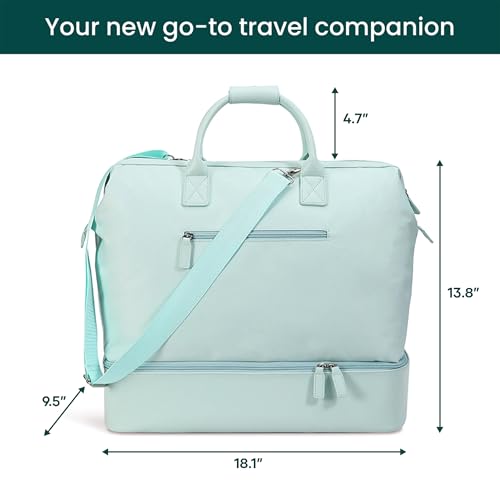 Nobl Travel Weekender Bag for Women & Men, Large Duffel Carry-On Tote with Trolley Sleeve, Separate Shoe Compartment & Laptop Pocket, Leather Overnight Bag for Airplane, Gym, Road Trips - Baby Blue4