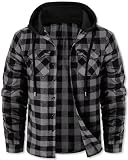 Cromoncent Men's Long Sleeve Hoodie Jacket Plaid Button Down Flannel Shirt Jacket,Hooded Grey Black,Large