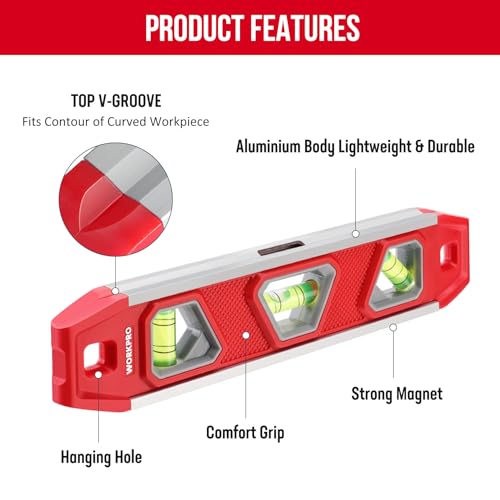 WORKPRO Wasserwaage Magnetisch 23 cm, Mini Wasserwaage Torpedo-Wasserwaage mit 3 Libellen 45°/90°/180°, Schlagfeste Blocklibelle, Aluminium-Rahmen, Starker Magnet, Oben ablesbar, Für Bauprofis