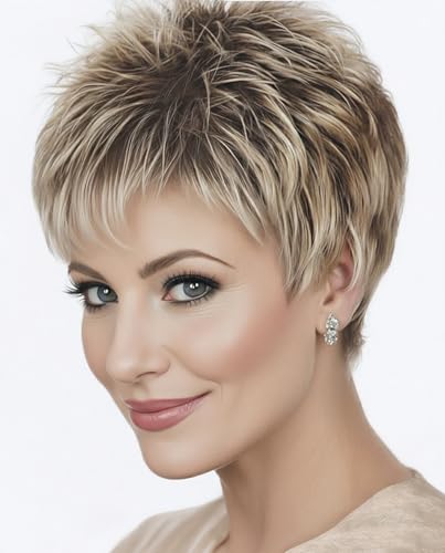SEVENCOLORS Pixie Short Wigs for Women White Mixed Blonde Short Wigs with Brown Roots Synthetic Hair Replacement Wig for Women