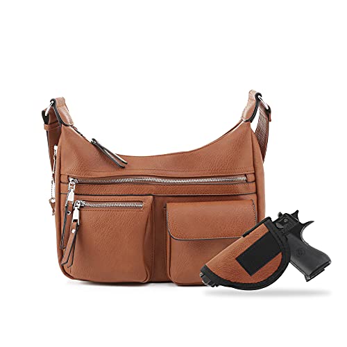 JESSIE & JAMES Large Concealed Carry Crossbody Bag For Women Gunbag Shoulder Purse With Detachable Holster Tan