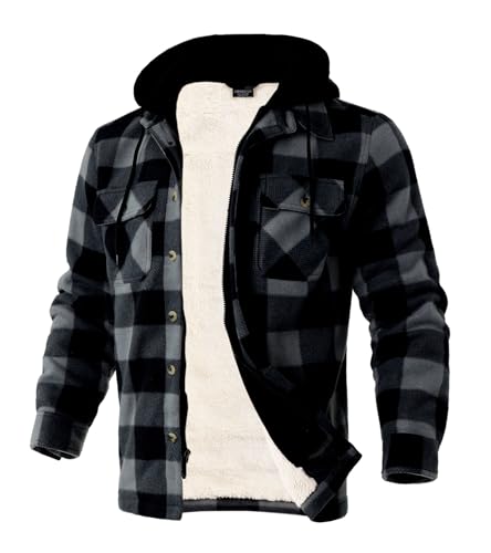 LeeHanTon Mens Heavyweight Hoodies Casual Zip Up Plaid Flannel Shirt Jackets Winter Thick Berber Lined Fleece Coat