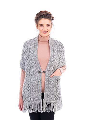 Image of SAOL 100% Merino Wool Shawl /Poncho Sweater /Open Cardigan /Wool Cape with Pockets with Fringe Trim and Trinity Knot Button