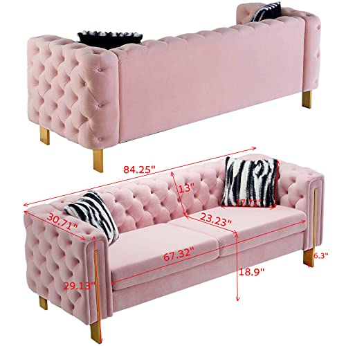 Dolonm Modern Velvet Sofa For Living Room, 84 Inches Long Tufted Couch Upholstered Sofa With 2 Pillows High Arm And Metal Legs Decor Furniture For Bedroom, Office (Pink) #TOP2