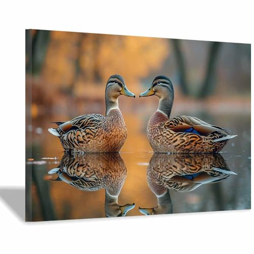 Impression sur toile haut de gamme Canards Face à Face Étang Doré avec cadre 60x90
