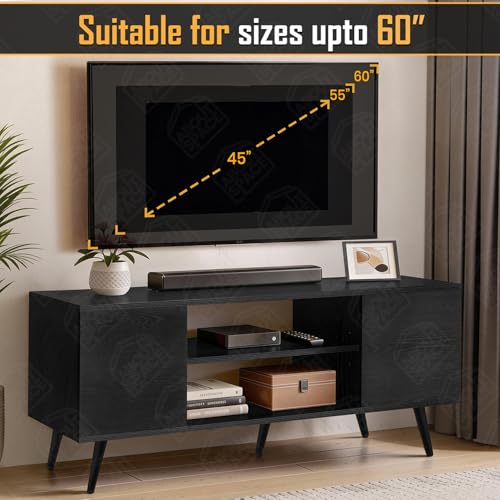 Image of ABOUT SPACE TV Unit - Engineered Wooden TV Stand Table with Bottom Open Storage, Adjustable Shelves & 2 Closed Cabinets for Set Top Box WiFi Router Stand (Black Mahogany - L 136 x B 40.5 x H 53 cm)