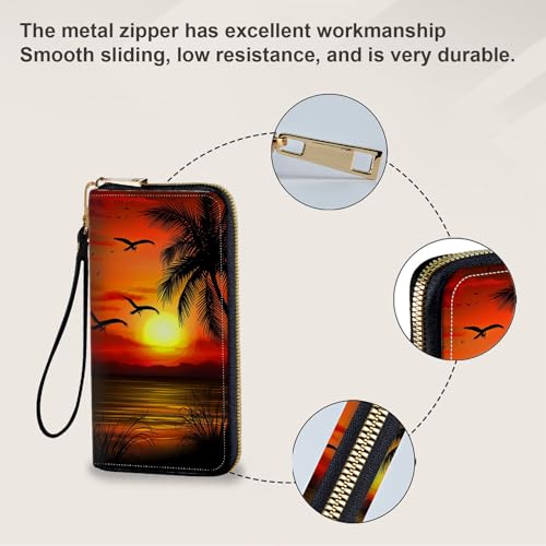 Women's Card Holder Wristlet Wallet, Convenient Travel Long Wallet with Strap and Pink Compact Mirror, Fashion and Sturdy Wristlet Long Purse for Women, Coconut Tree Sunset4