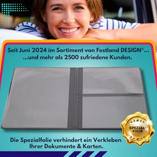 Festland DESIGN® Fahrzeugschein Hülle für KFZ-Schein 3 Fächer, Führerschein Hülle, Ausweishülle, Kartenetui Mappe für Zulassungspapiere, PVC Schutzhülle Zulassungsschein, Auto Zubehör, schwarz