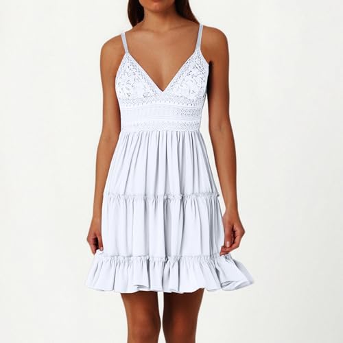 Short Summer Dresses for Women 2025 Spaghetti Strap V Neck Lace Mini Dress Bow Tie Open Back Tiered Ruffle Sundress4