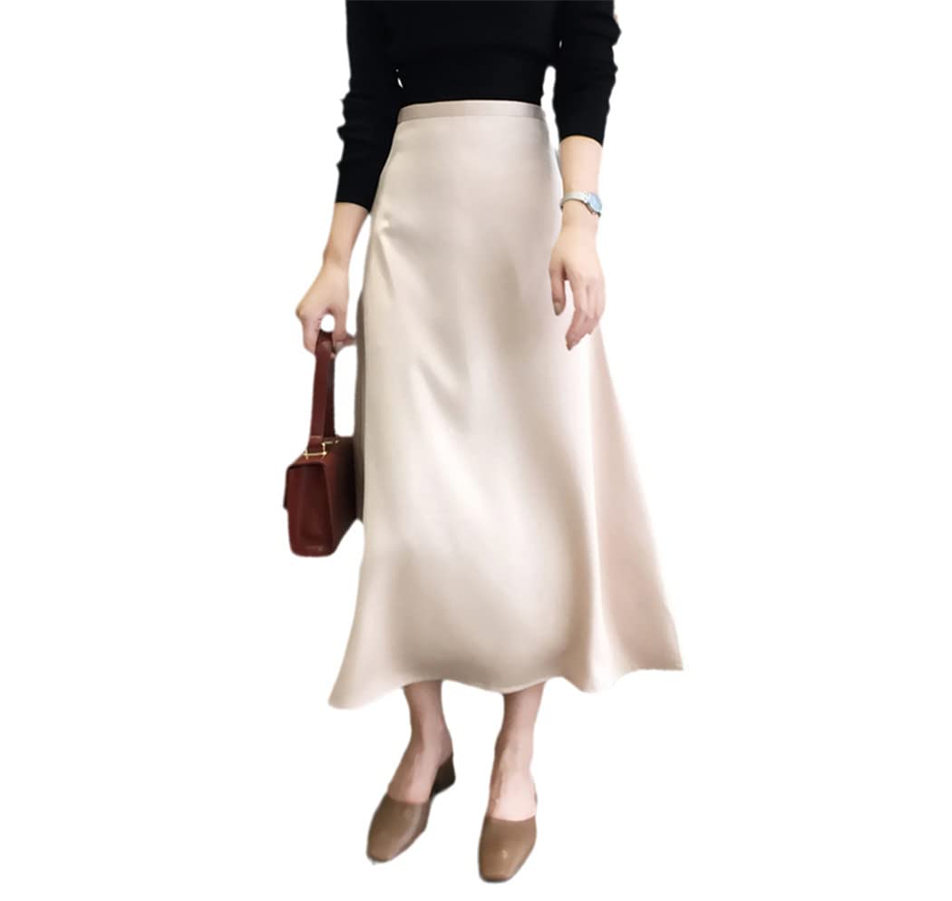 Jupe d'été élégante en satin pour femme - Uni - Vintage - Taille haute - Pour le bureau et les fêtes, abricot, 40