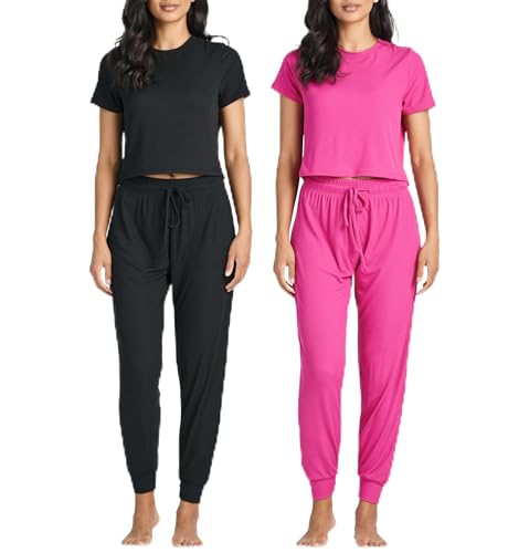 Image of Real Essentials 2 Pack: Women's Pajama Set – Soft Lounge Short Sleeve Crop Top & Jogger Pants PJs