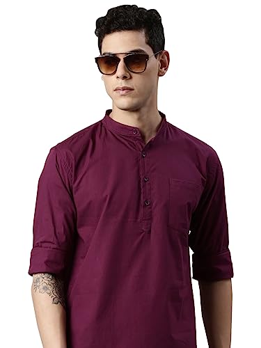 Image of KRYPTIC Men's Full Sleeve Regular Fit Short Kurta in Premium Pure Cotton with Patch Pocket and Mandarin Collar - Perfect Blend of Style and Comfort