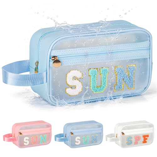 Kcjdd Clear Sunscreen Bags For Beach Pool With Handle Waterproof Personalized Sun Bag Travel Toiletry Makeup Bag Travel Beach Pool Summer Essentials SPF Bag For Women Girls(
