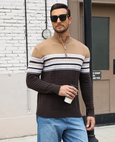 Men's Quarter-Zip Up Pullover Sweater Striped Slim Fit Sweater Casual Lightweight Warm Long Sleeve Mock Neck Sweater3