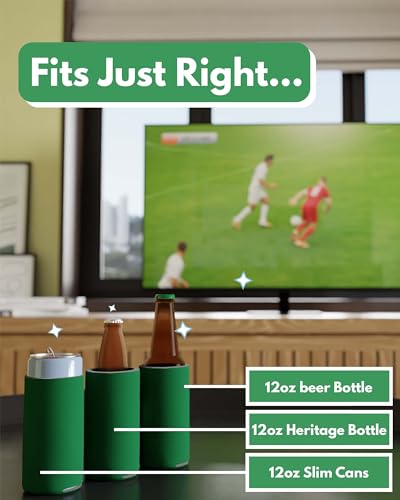 Image of PartyPrints 25 Pack Kelly Green Blank Slim Can Cooler Sleeves | Plain Seltzer Customizable Bulk Coolers for Beer Bottles & 12oz Tall Cans | Skinny Collapsible Drink Insulated Sleeve