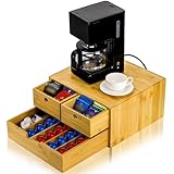 SOUJOY Coffee Bar Organizer for Countertop with drawer, 2-Tier Bamboo Drawer Organizer for Coffee Pod, 9 Dividers K Cup Storage Station for Tea Bag, Kitchen Office Break Rooms