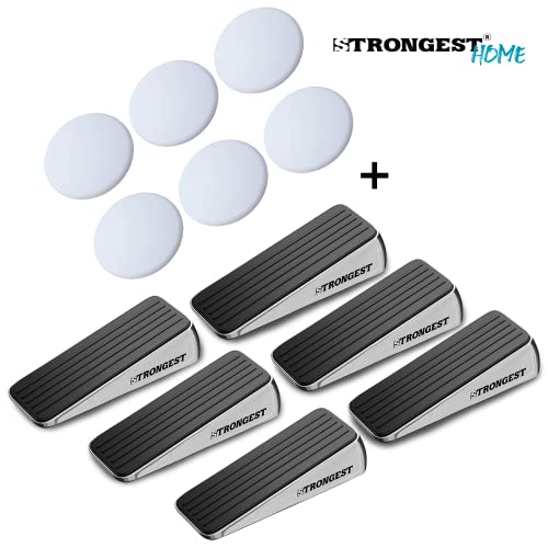 Image of STRONGEST HOME Stoppers for Bottom of Door - Heavy Duty Metal Rubber Door Stopper, Non-Slip Door Stop for Heavy Doors, Works on Wood, Tile & Carpet Floors Wedge Chrome 6 PCs + 6 White Wall Protectors