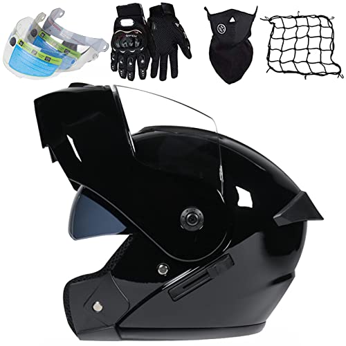 KILCVEM Casque Moto Modulable Double Visière pour Scooter Chopper, Casque de Moto Intégral pour Homme et Femme - Dot/ECE Homologué - Noir Brillant,XL