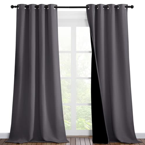 NICETOWN Grey Full Shade Curtain Panels, Pair of Thermal Insulated & Energy Efficiency Blackout Curtains for Living Room Windows, Lined Silky Performa
