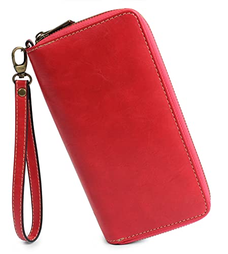 Autumnwell RFID Blocking Double Zipper Long Clutch Wallet Cellphone Wallet for Women with Hand Strap for Card, Cash, Coin, Bill (red)