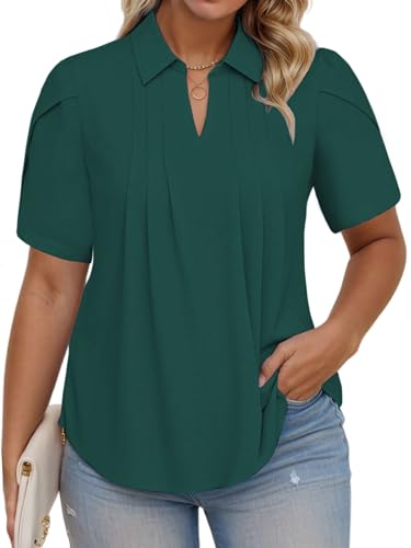 Plus Size Tops for Women 3X Summer Collar Shirts Going Out V Neck Fashion Comfy Petal Sleeve Tunics Dark Green