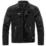 Winter Fleece Lederjacke Herren Stehkragen Washed Retro Motorrad Lederjacken Herren Mäntel Schwarz XXXL