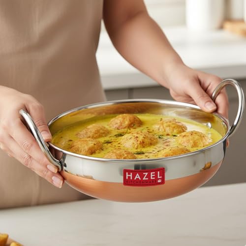 Image of HAZEL Copper Bottom Kadhai, 1500 ml | Stainless Steel Cookware for Cooking | Steel Vessel Deep Cooking Kadhai |Durable Steel Utensil