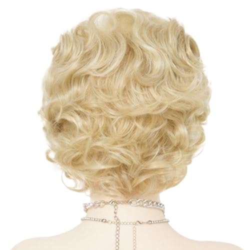Perruque blonde courte bouclée avec bonnet réglable et fibre synthétique